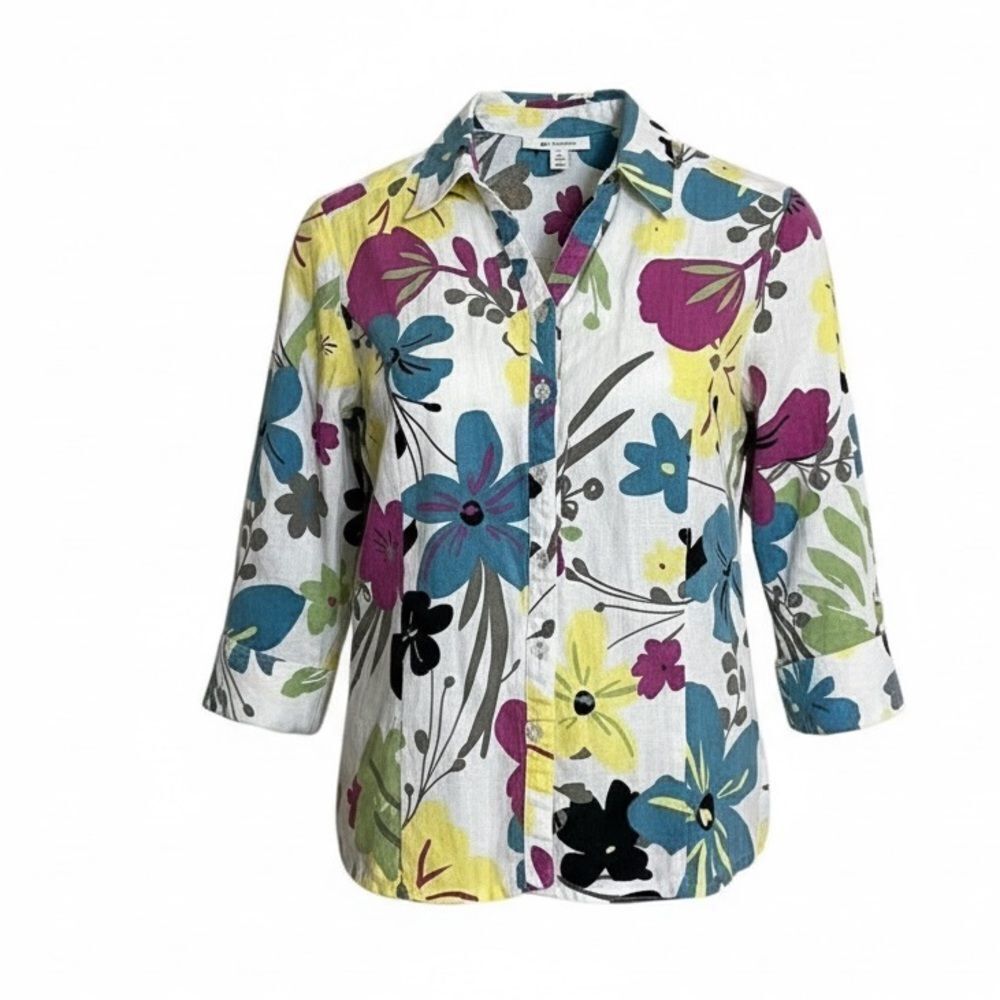 ‎JM Collection 100% Linen Floral Button Down Shirt